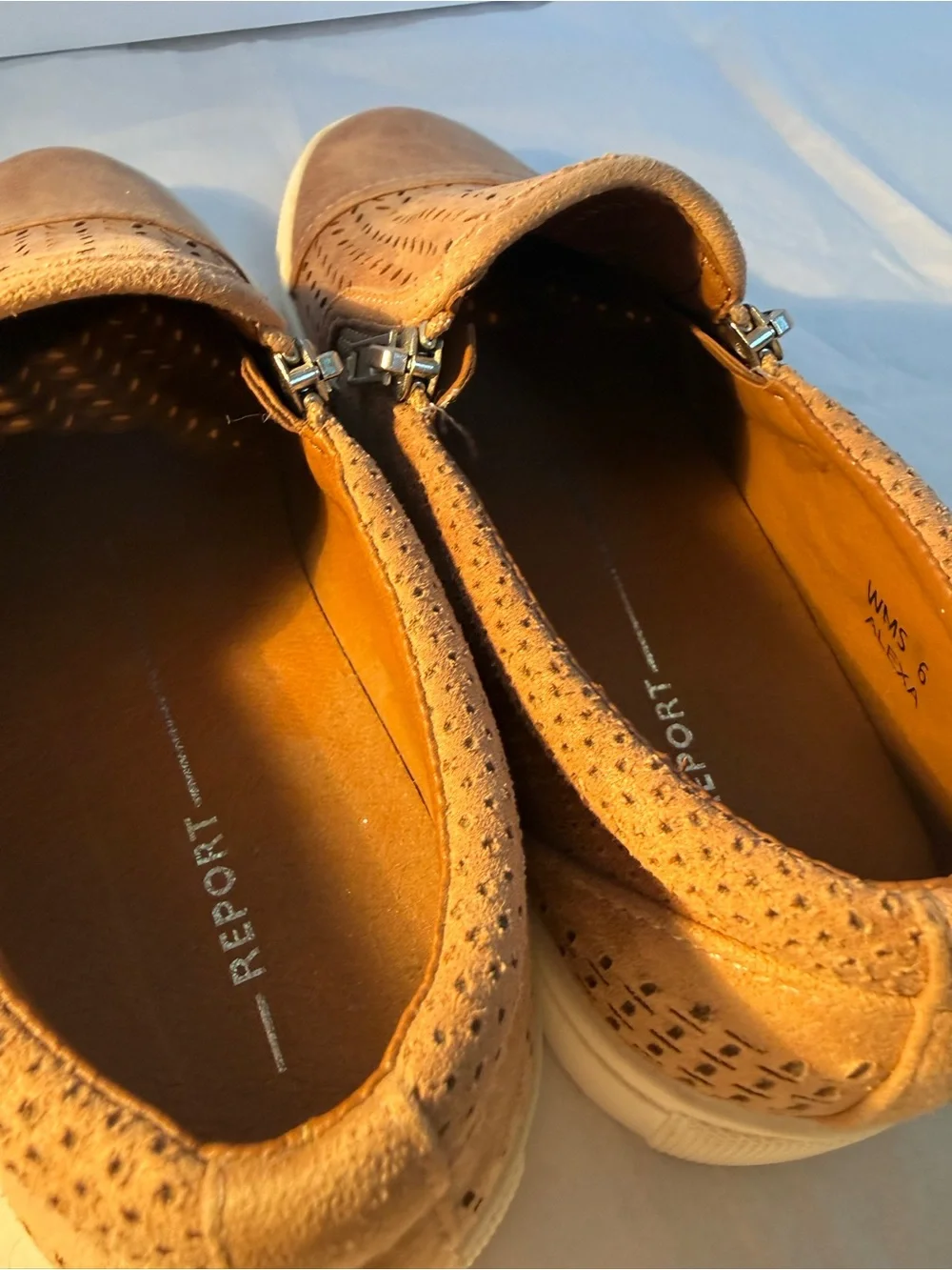 Report-Women's Tan Suede Perforated Slip-On Sneakers